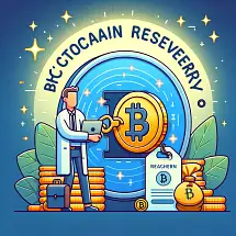 A person in a lab coat stands next to a large Bitcoin symbol, gold coins, a clipboard, and a money bag, with the words "BKCTOCAA1N RESEVEERR" in the background. The scene is colorful and cartoon-like.