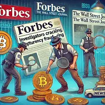 Policemen investigate piles of Bitcoin coins while headlines from Forbes and The Wall Street Journal report on cryptocurrency fraud. Magnifying glasses, news props, and a police car add to the investigative scene.