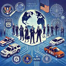 Illustration of FBI agents in suits standing in front of a globe, surrounded by law enforcement vehicles, FBI badges, logos, and an American flag, representing strategic international partnerships in investigation.
