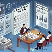 An office scene with three people discussing documents labeled "A Transparent Process" and "Transparent Data," surrounded by charts, graphs, and files, emphasizing transparency and data sharing in the workplace.