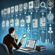 A person sits at a desk examining digital forensics documents with a magnifying glass, surrounded by floating digital files, icons, and timelines labeled “2018” and “2019,” representing digital investigations.