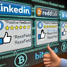 A hand giving a thumbs up in front of digital screens showing positive feedback ratings with stars and social media logos, including LinkedIn and others, with Bitcoin symbols in the background.