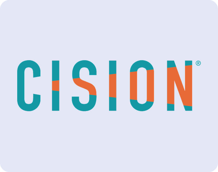 The word "CISION" is written in bold teal letters with orange geometric shapes cutting through the middle of each letter, set against a light gray background with rounded corners.