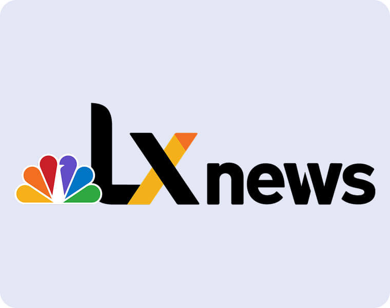 The LX News logo features the colorful NBC peacock on the left, followed by bold black letters "LX" with an orange accent, and the word "news" in black on a light gray background.