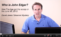 A man in a light blue shirt sits at a desk with two laptops. Text on the screen reads: "Who is John Edgar? How The Age got the scoop on the June 30, 2012 Grant Jones Tabascor Mystery.