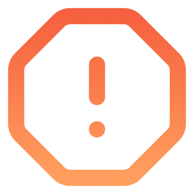 A bold orange exclamation mark inside an octagonal border, resembling a warning or alert symbol, on a light gray background.