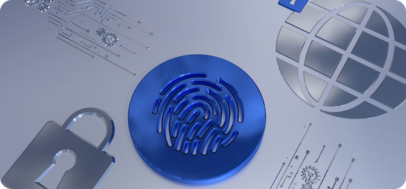 A blue fingerprint icon is centered among metallic symbols of a globe and a padlock, representing digital security and online identity protection, on a reflective, technology-themed background.