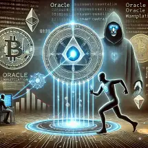 A digital artwork shows cryptocurrency symbols like Bitcoin and Ethereum, a hooded figure, a computer user, and a glowing running figure, all surrounded by futuristic, glowing circuit patterns and data graphics.