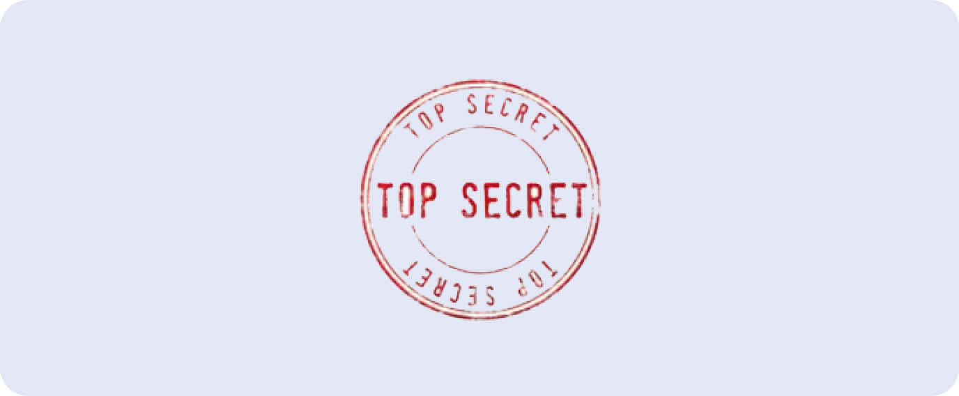 A red circular "TOP SECRET" stamp appears in the center of a light blue background. The words "TOP SECRET" are repeated along the border of the circle.