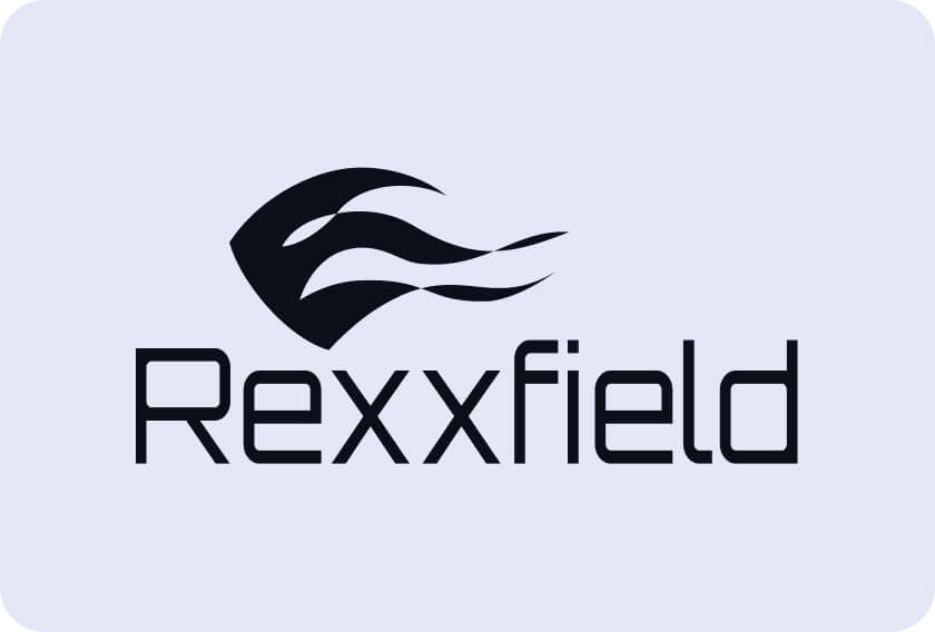 A stylized black logo resembling a flame or abstract eye appears above the word "Rexxfield" in bold, modern black font on a light gray background with rounded corners.