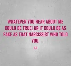 Text on a gray background reads: "WHATEVER YOU HEAR ABOUT ME COULD BE TRUE! OR IT COULD BE AS FAKE AS THAT NARCISSIST WHO TOLD YOU. E.S" in pink letters.
