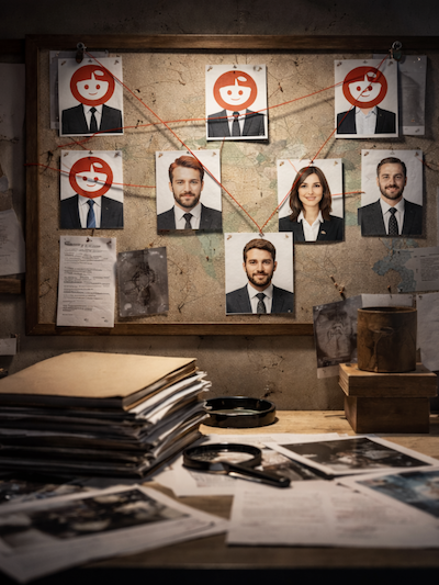 A corkboard displays headshots of six people, connected by red string. Some faces are covered with a red target symbol. Papers, folders, and handcuffs are scattered on the desk below, suggesting an investigation.
