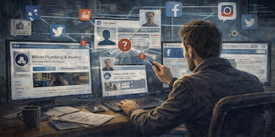 Cyber investigator analyzing fake social media accounts impersonating a business