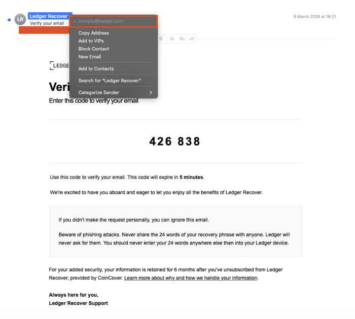 ledger noreply phishing email